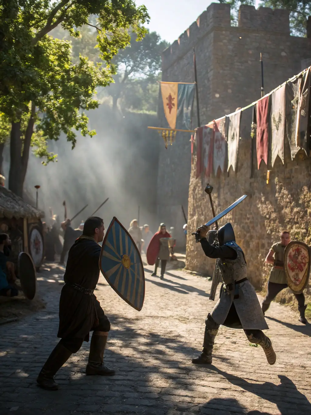 A photograph of a group of people participating in a historical reenactment, dressed in medieval attire, engaging in a mock battle or a demonstration of medieval combat techniques.