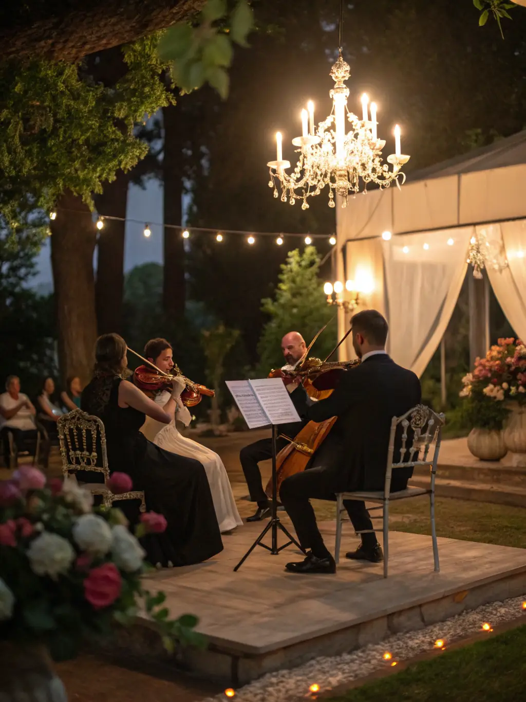 A high-quality photo showcasing a musical performance at an ASSOCIATION RAID TOLKIEN event, featuring musicians playing medieval instruments and creating an immersive soundscape.