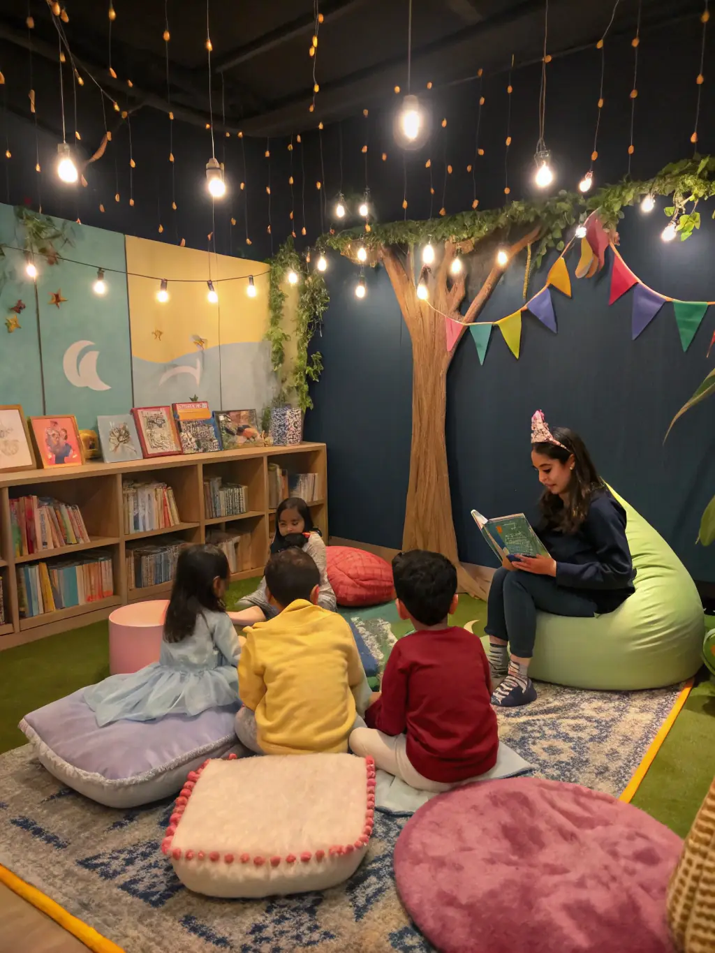 A dynamic image of a group of children participating in a storytelling session during one of ASSOCIATION RAID TOLKIEN's educational programs, set in a cozy, fantasy-themed environment.