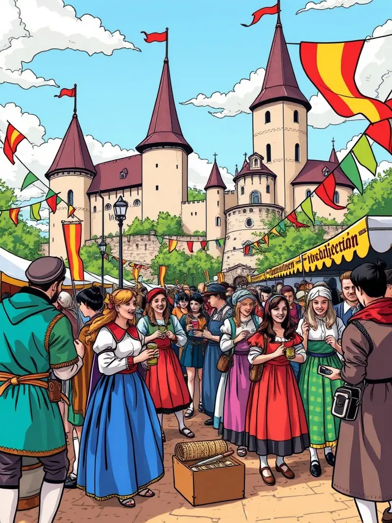 A vibrant photograph capturing a scene from a medieval-themed festival organized by ASSOCIATION RAID TOLKIEN, featuring participants in costume, engaging in activities like archery and crafting.