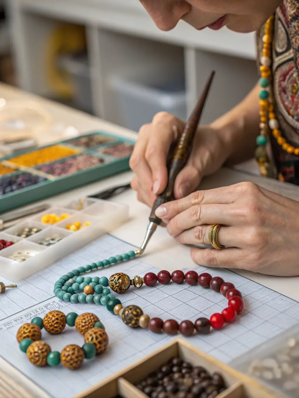 A visually appealing image of participants crafting medieval-inspired items during a workshop organized by ASSOCIATION RAID TOLKIEN, highlighting the hands-on nature of the activity.