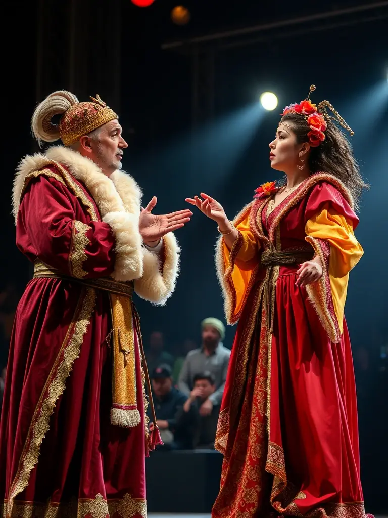 A high-quality photograph capturing a scene from one of ASSOCIATION RAID TOLKIEN's cultural events, specifically a theatrical performance inspired by Tolkien's works, showcasing actors in detailed costumes on a well-lit stage.